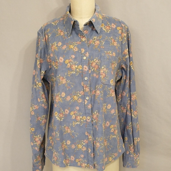L.L. Bean Tops - Floral Corduroy Shirt 100% Cotton Fine Wale Periwinkle Blue LL Bean Pink Roses